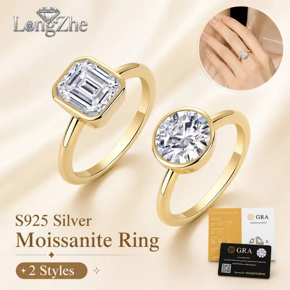 S925 Sterling Silver Moissanite Ring for Women Gold Color Emerald Cut 7x9mm Round 3CT Wedding Engagement Jewelry Gift