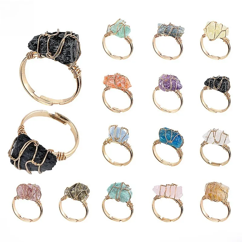 Raw Druzy Kyanite Apatite Stone Open Rings Golden Winding Irregular Amethysts Finger Rings for Women Party Wedding Jewelry