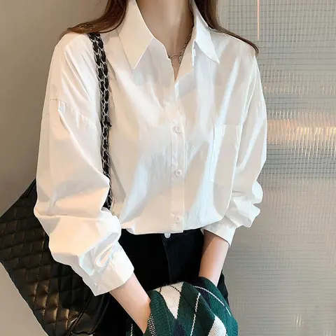 100% Cotton White Shirt Women Casual All-match Solid Color Long Sleeve Tops Woman Spring Autumn Loose Button Shirt with Pocket
