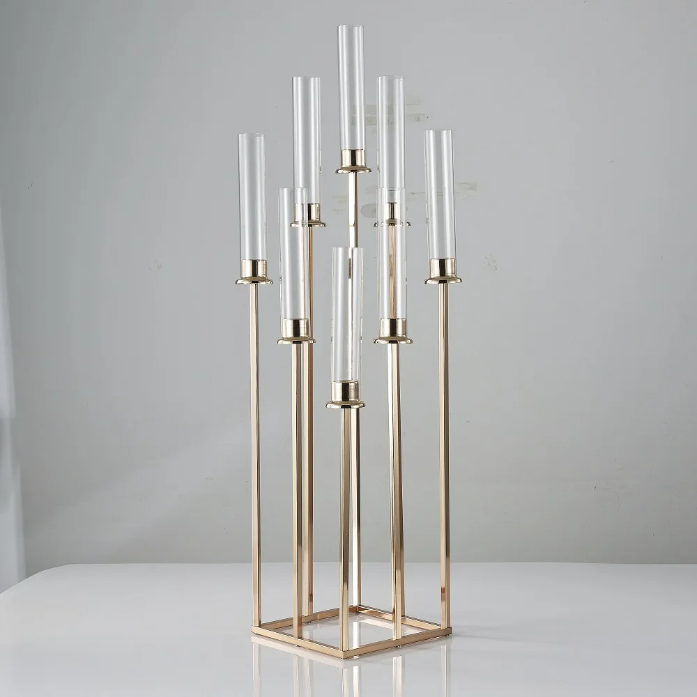 Acrylic Candle Holder for Wedding Stage Decoration, 8Heads, 9Heads, Gold, Pillar Candlestick, Metal Stand, 5Pcs, 10Pcs