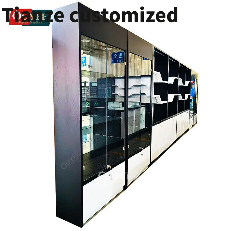 

Customized-Custom smoke shop display cabinet wheels fixture shelf mirrors luxury glass display cabinet