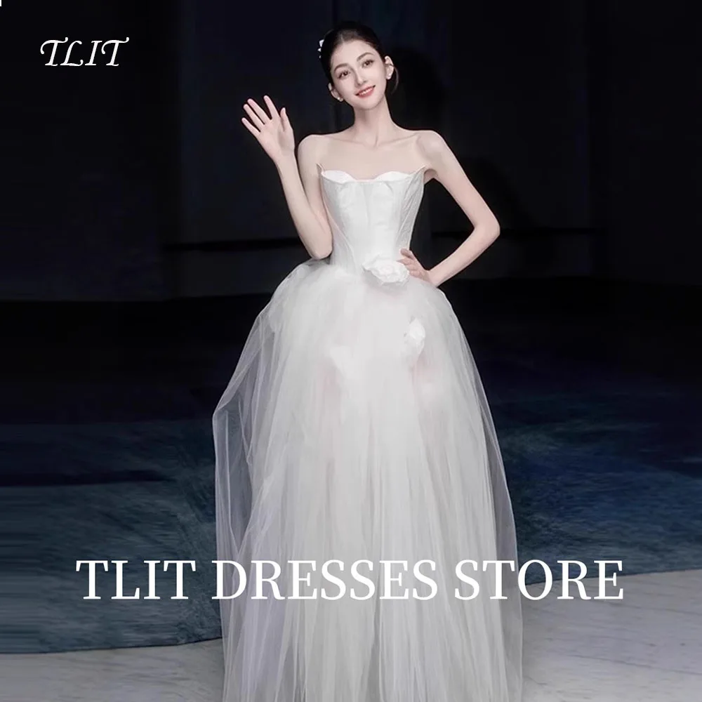 TLIT فساتين زفاف بسيطة من الحرير الأبيض والساتان بدون حمالات من التل بحاشية فستان زفاف كوري فساتين زفاف تبادل لاطلاق النار مخصصة لحفلات الزفاف