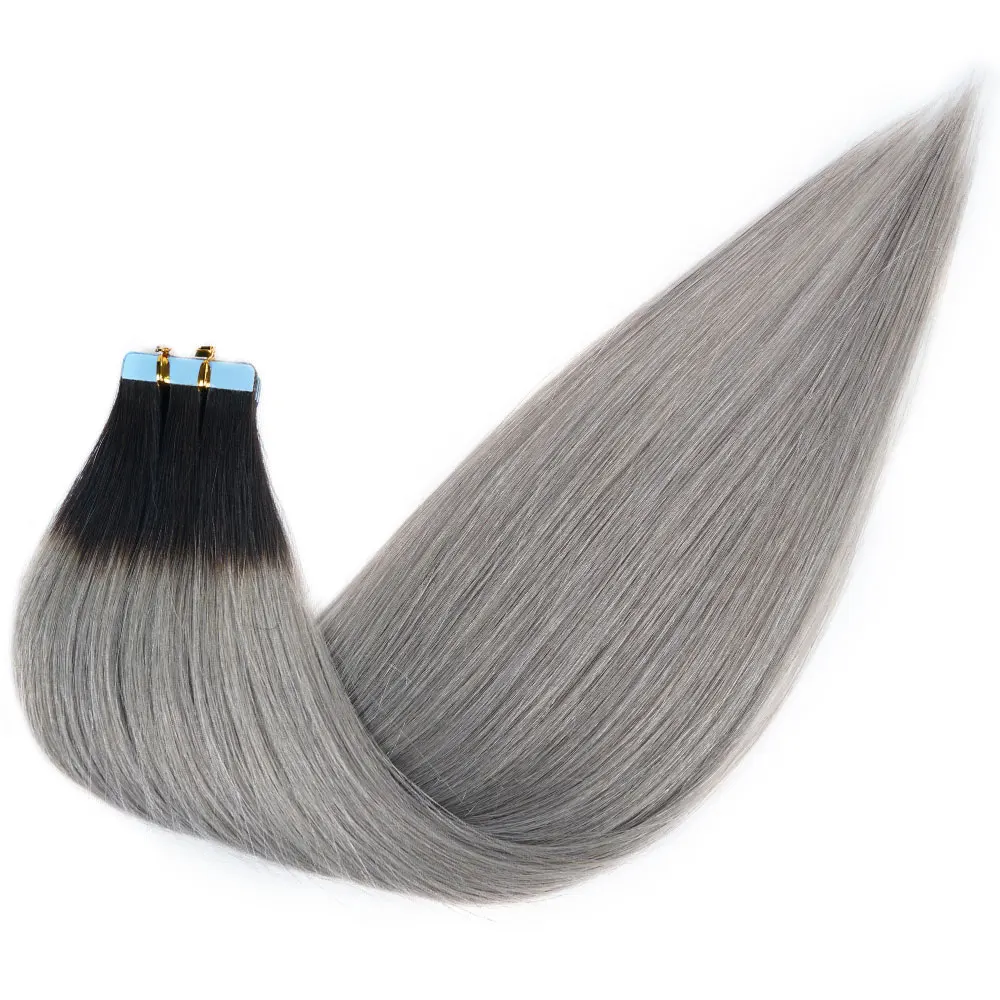 Veravicky Ombre T1B-Grey nastro colorato nelle estensioni dei capelli 50G 20 pezzi 100% veri capelli umani Remy neri radicati al grigio da 14 a 24 pollici