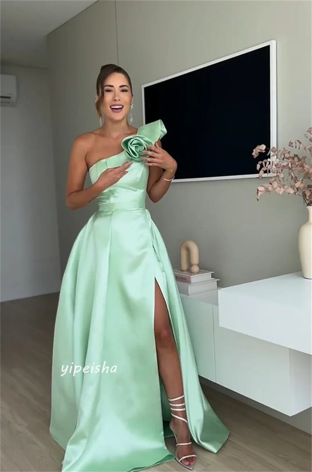 Brilhante-vestido de baile com um ombro, vestidos elegantes, requintados, clássico, estilo moderno, formal, à noite, elegantes, flores sexy