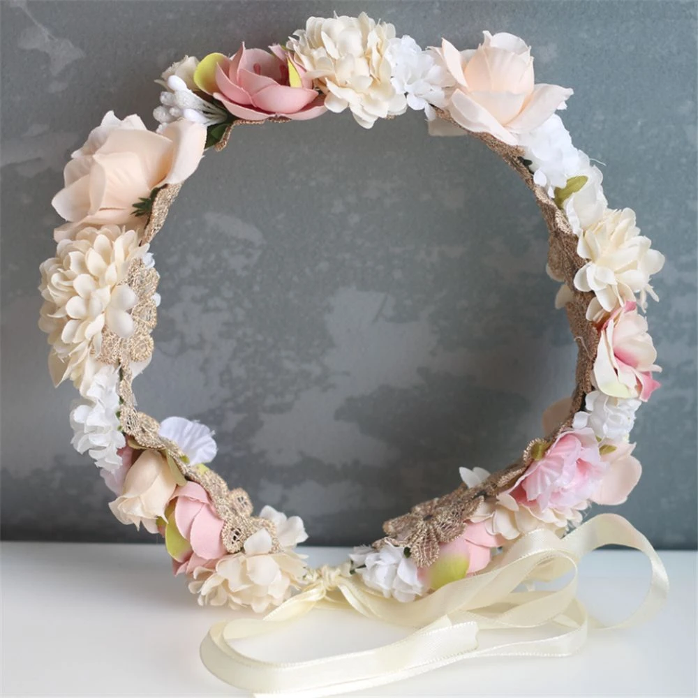 

Bride Flower Headband Crown Hairband Boho Headpiece Hair Wreath Headdress for Women Pink Hair Jewelry Accessories Head Garland