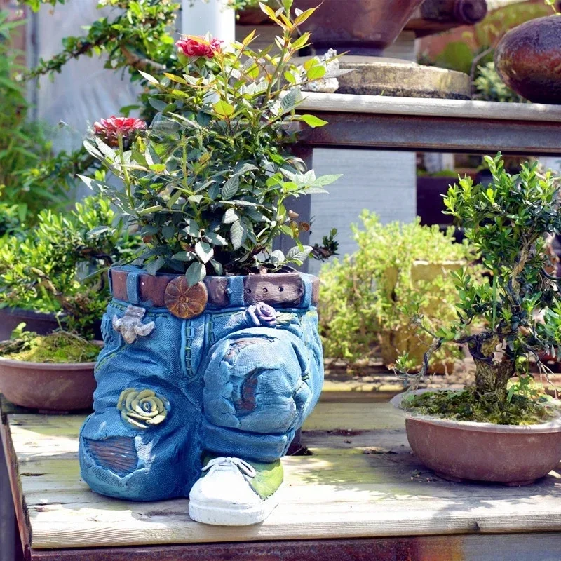 Jeans resin flowerpot outdoor and indoor flowerpot decoration suitable for home lawn, courtyard and outdoor decoration