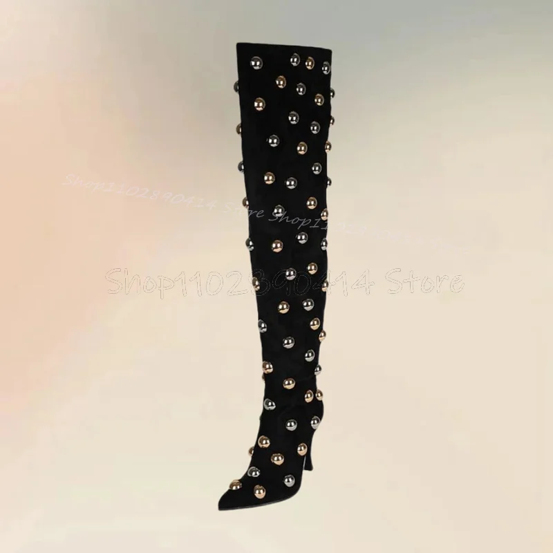 Botas puntiagudas con remaches redondos Para mujer, Zapatos de tacón alto fino, sin cordones, a la moda, Para fiesta y banquete, color negro, 2024