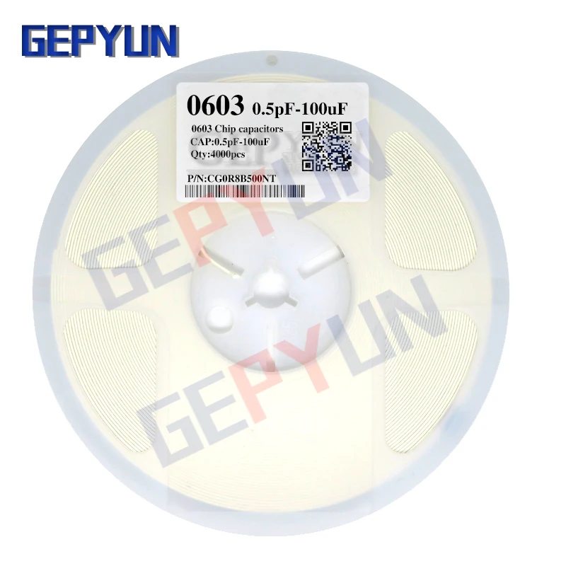 

1Reel = (4000pcs) 0603 0.5pF ~ 100uF SMD Film Gepyun Chip Multilayer Ceramic Capacitor 10NF 100NF 1UF 2.2UF 4.7UF 10UF 1PF