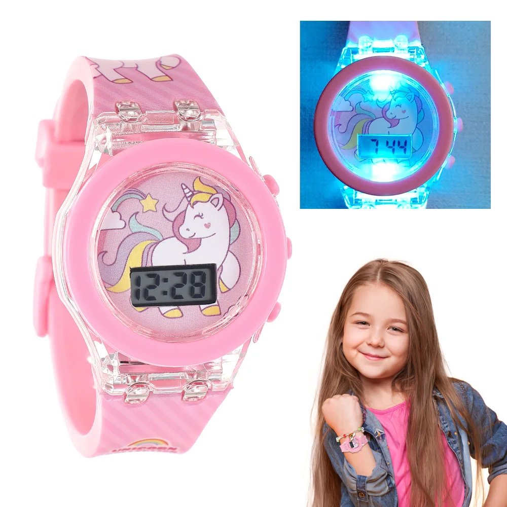 Relojes luminosos para niños para niñas, luz brillante con Flash, unicornio de dibujos animados colorido, reloj electrónico Digital, regalos de fiesta de cumpleaños