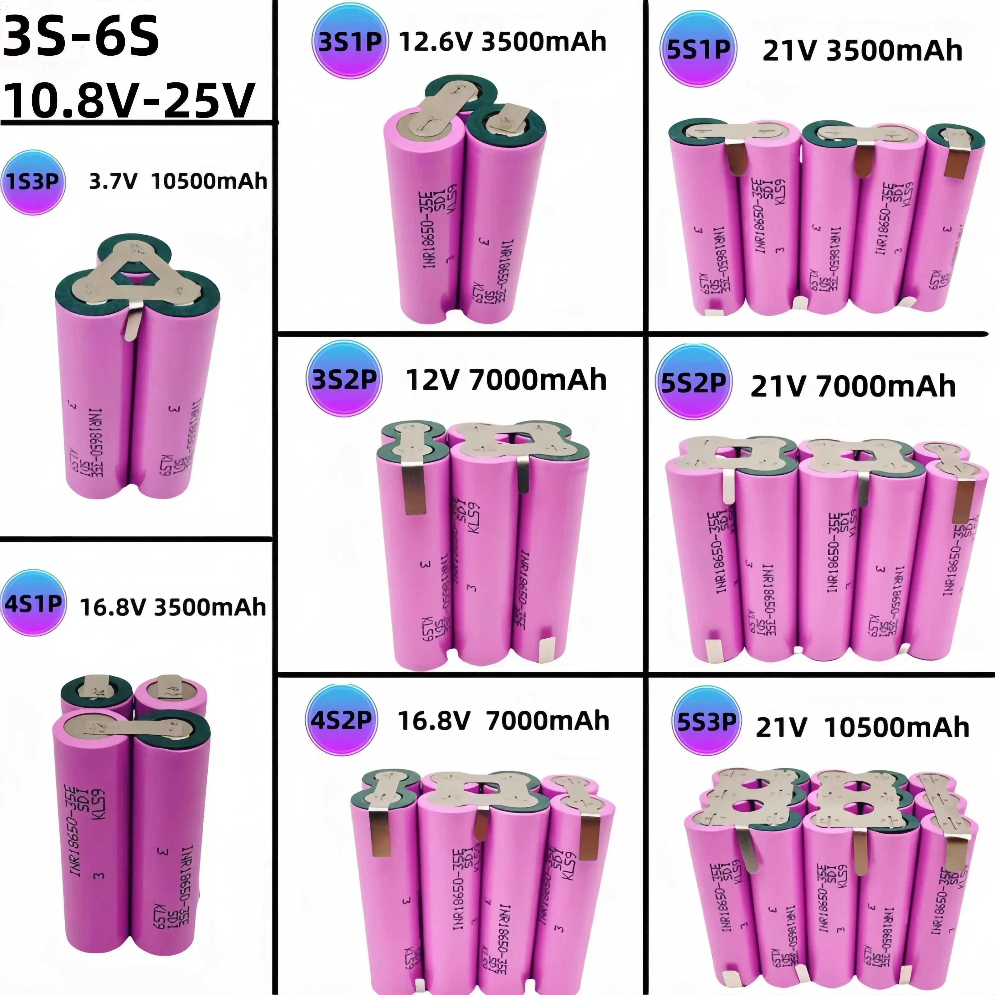 18650 1S3P 3S1P 3S2P 4S1P 4S2P 5S1P  5S2P 3500mAh/7700mAh/10500Ah 3.7V 12.6V 16.8V 21V rechargeable electric screwdriver battery