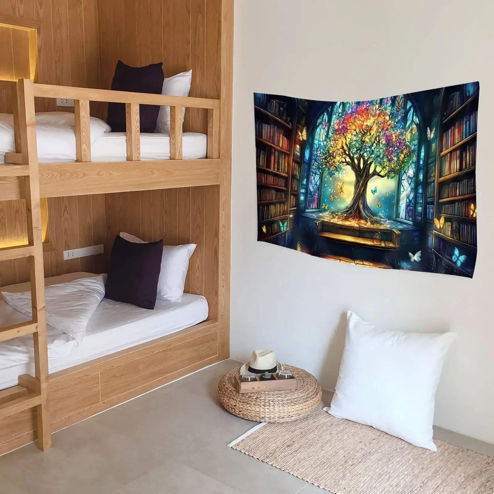 Tapisserie d'arbre de bibliothèque magique, décoration murale pour chambre à coucher, atmosphère confortable, style maison fantastique et amélioration des connaissances enchantées