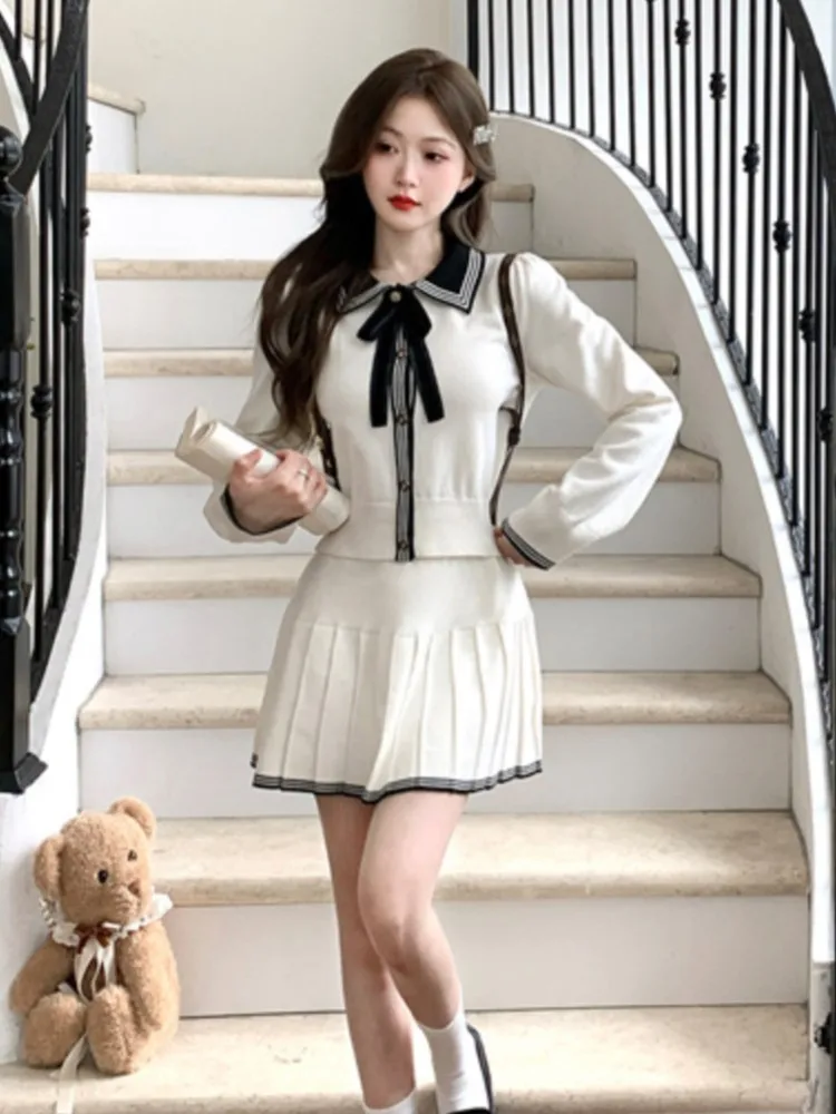 Y2k Preppy Style Skirt 2 Piece Suit Korean Chic Patchwork Knitted Outfits Autumn Short Jumper Pleats Mini Skirt Set Women New