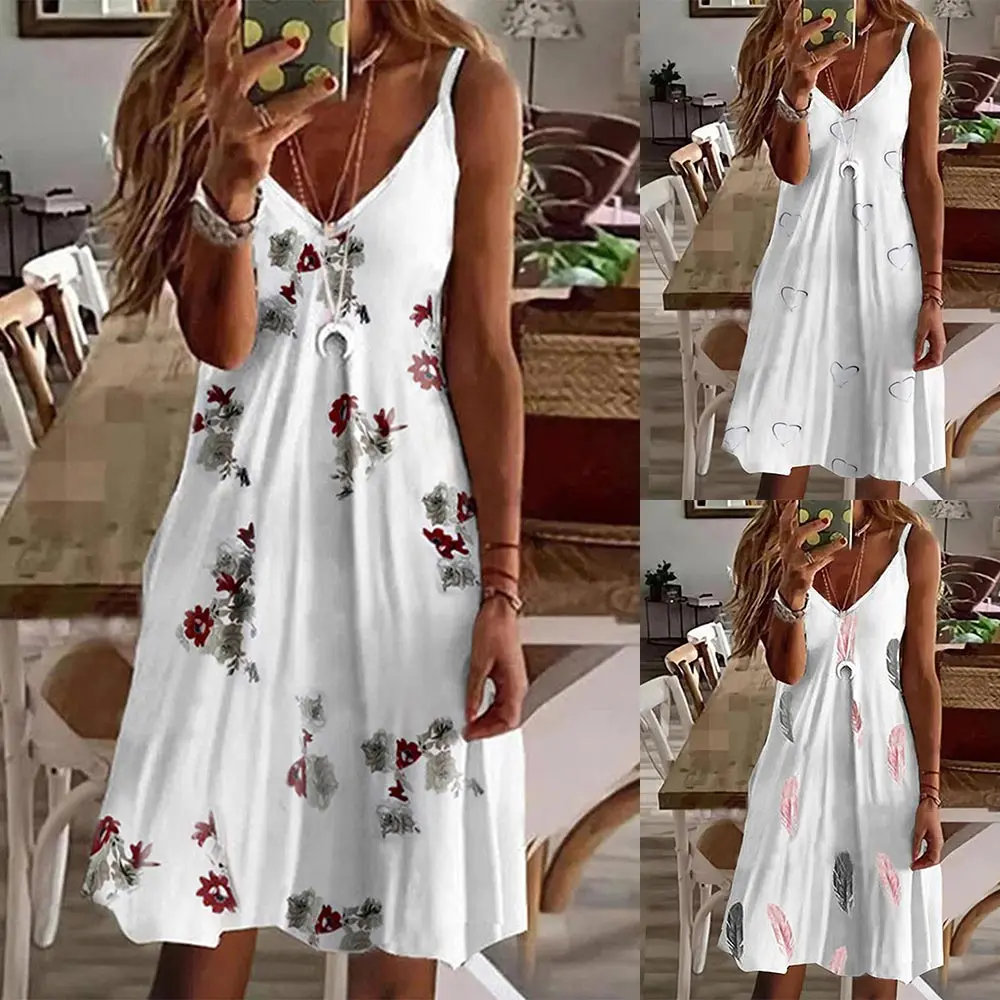 

PYL Summer Boho Midi Dress Womens V Neck Floral Printed Sleeveless Ruffled Dress Holiday Sundress Swim Summer Party Gowns