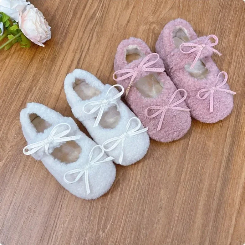 2024 Winter New Children Flats Fashion Double Bowknot Fur Cover Toe Warm Kids Casual Shoe Plush Warm Non-slip Mary Jane Shoes