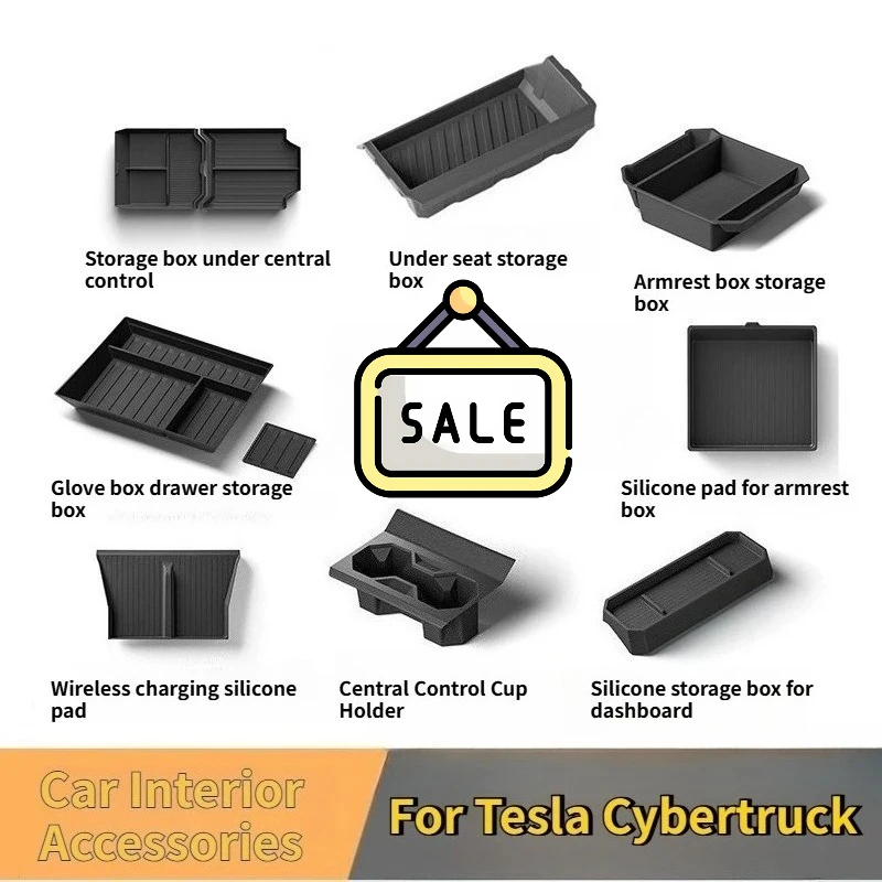 

For Tesla Cybertruck 2025 2026 Car Storage Box Kit Center Console Cup Holder Wireless Charging Mat Organizer Tray Accessories