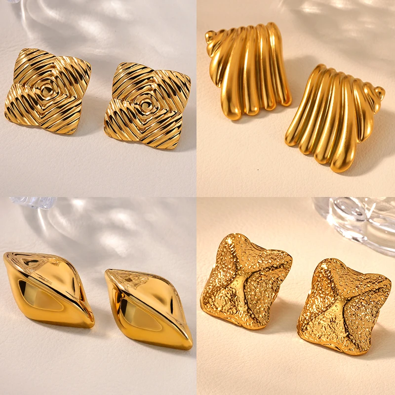 

Stainless Steel Leaf Earrings for Women Gold Color Geometric Textured Square Earrings Fashion Waterproof Jewelry Gifts