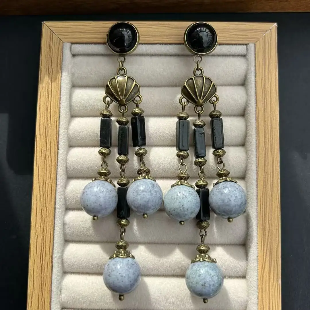 Medieval style old purple natural ocean jade retro natural stone temperament simple shoulder earrings earrings