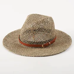 Sea Grass Summer Panama Hats for Women Sun Hat with Leather Shell Band Designer Flat Top Straw Fedora Hat Party Travel Beach Hat