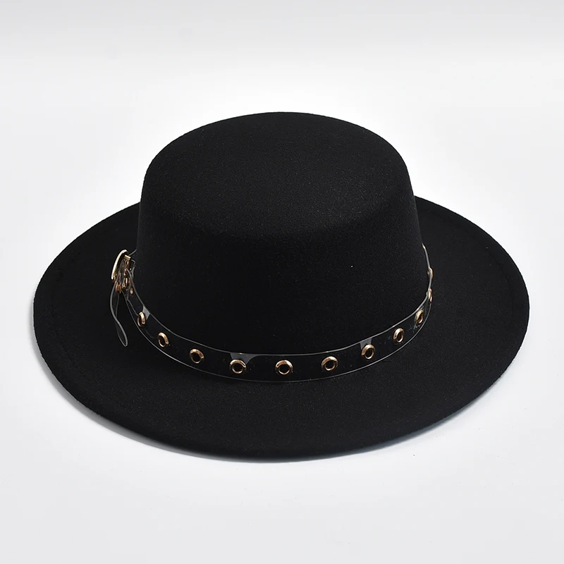 New Flat Top Fedora Hat for Women Metal Chain Decor Felt Jazz Hats Autumn Winter Elegant Wedding Party Hat Chapeau Femme