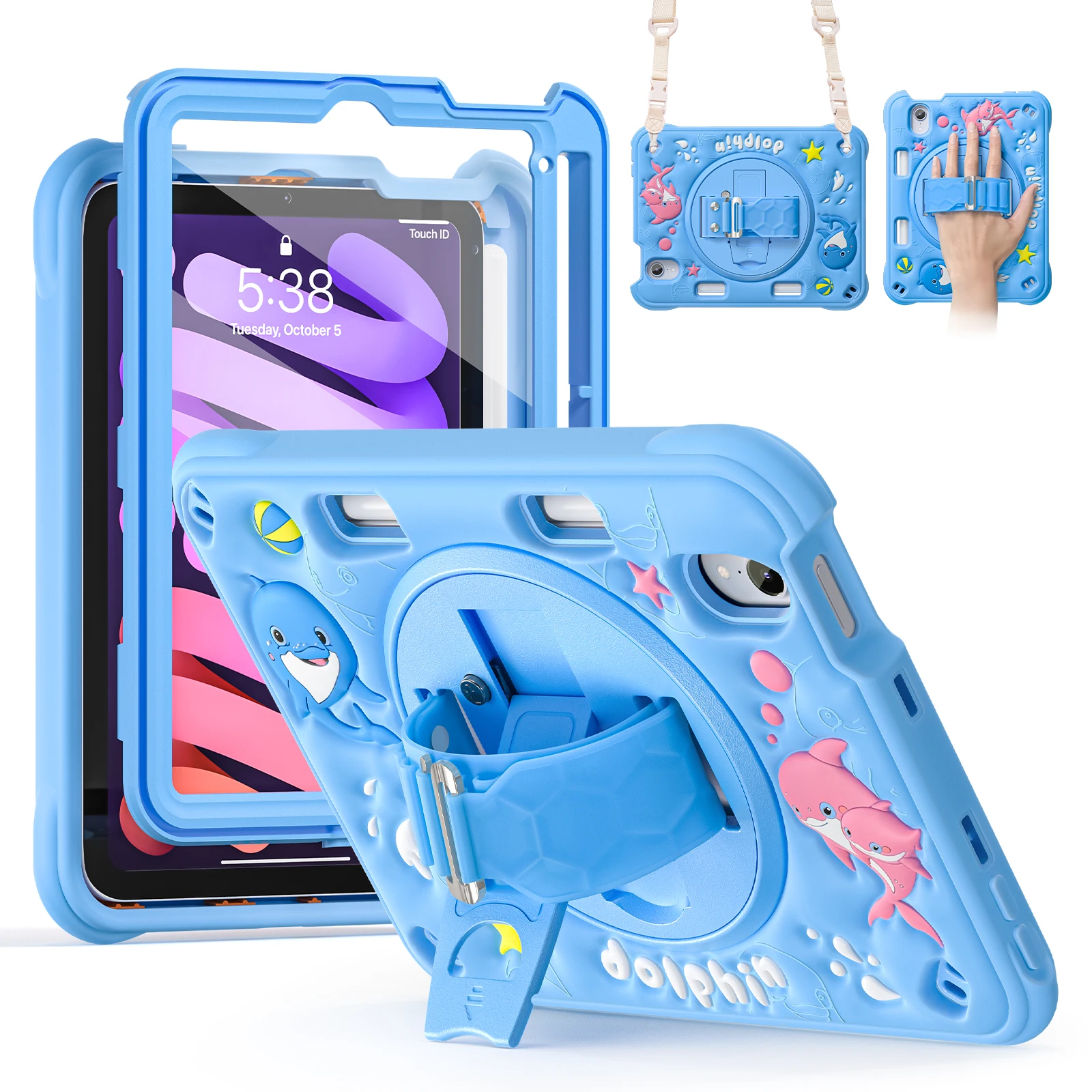 

Tablet Case for iPad Mini 6th 2021 Kids Stand Cover with Shoulder Strap for iPad Mini A17 Pro 2024 mini 7 Rotating bracket Case