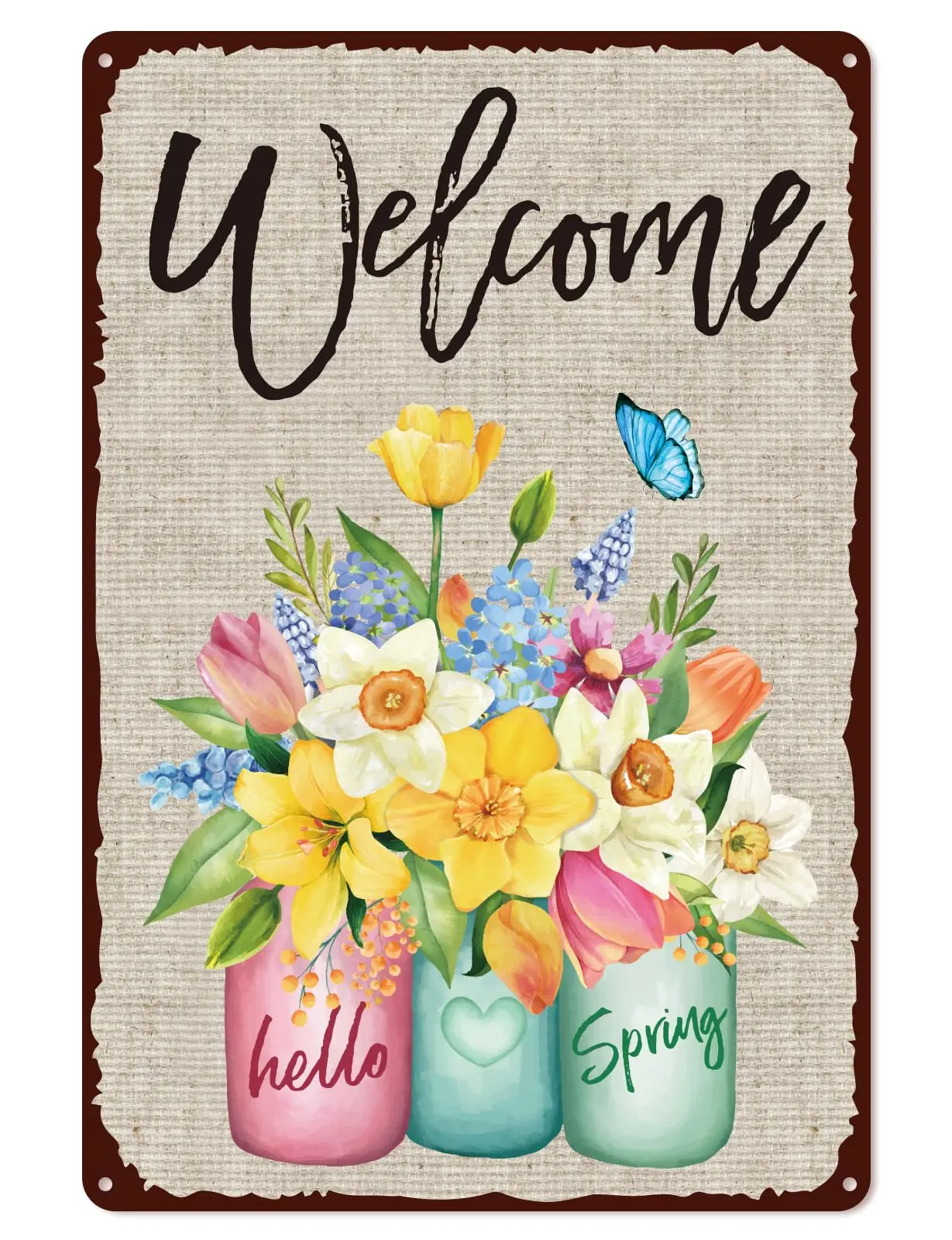 Whaline Retro Tin Sign Spring Mason Jar Metal Sign Flower Leaves Wall Art Decor Welcome Floral Ornaments Iron Plaque Sign f sign