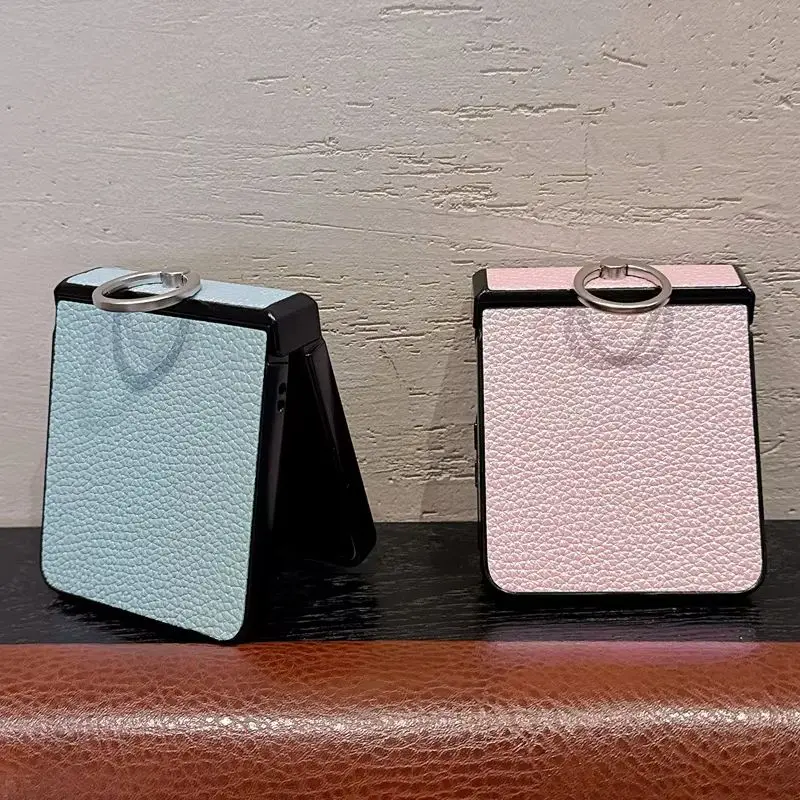 Elegant Pastel Litchi Grain Leather Girly Phone Case for Samsung Galaxy Z Flip 8 7 6 5 Finger Ring Bracket Slim Protective Cover