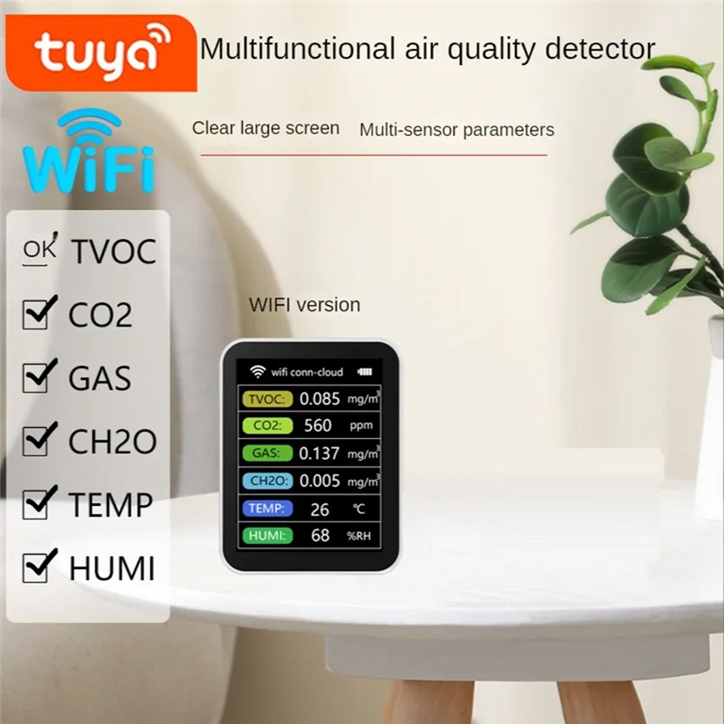 1Set Tuya Smart Wifi CO2 Sensor TVOC CO2 Gas CH2O Temperatuur-vochtigheidsmeter Multifunctioneel, Zwart