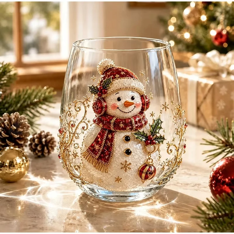3D Christmas Glass Art Cup, 3D Santa Stemless Wine Glasses Luxury Raised Holiday Glassware ChristmasGlass Cup