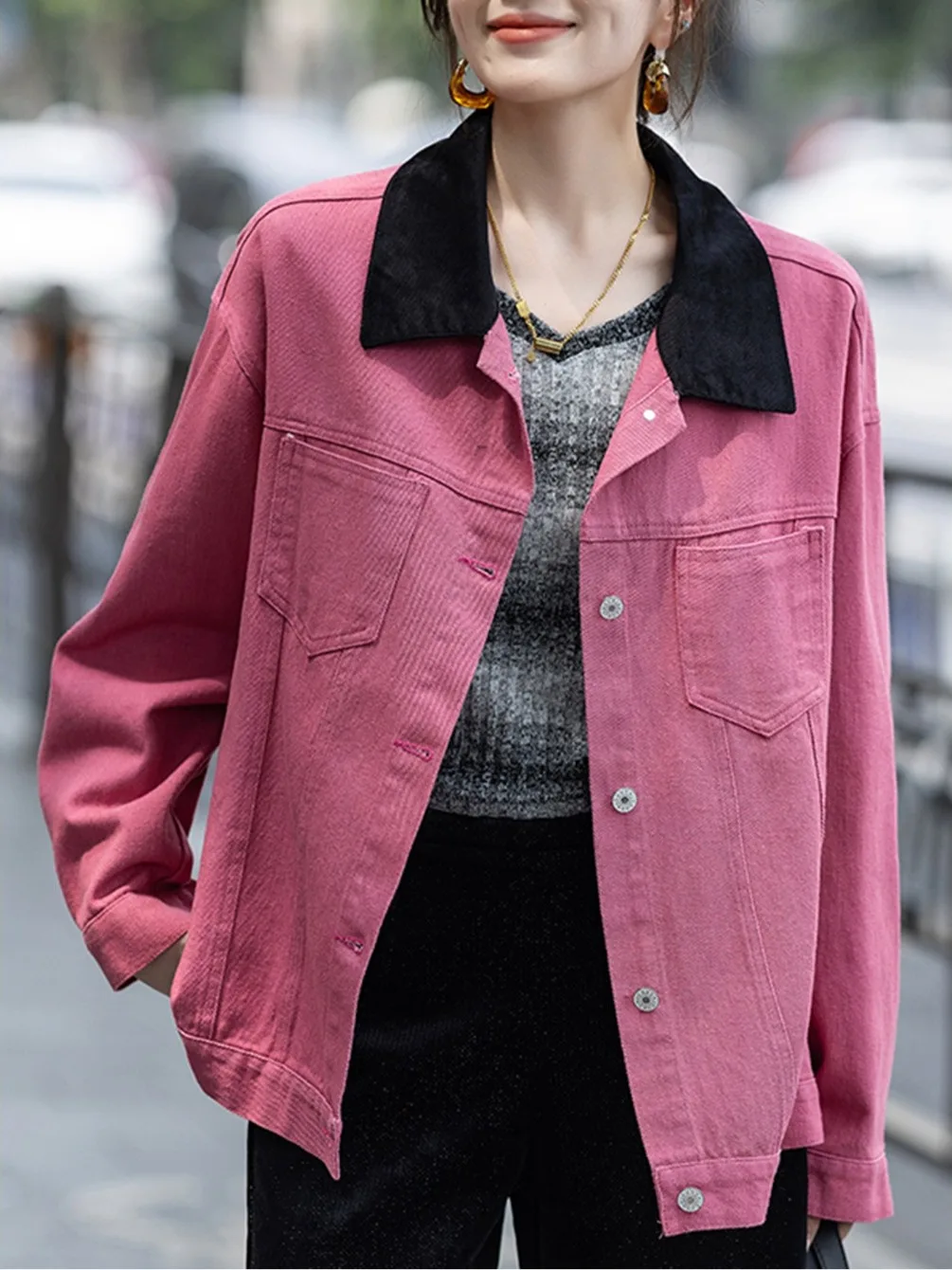 

Retro Sle ort Denim Jaet Women's Faion Color Blo Collar Coat Autumn Winter Ladies' Premium Quali Outerwear