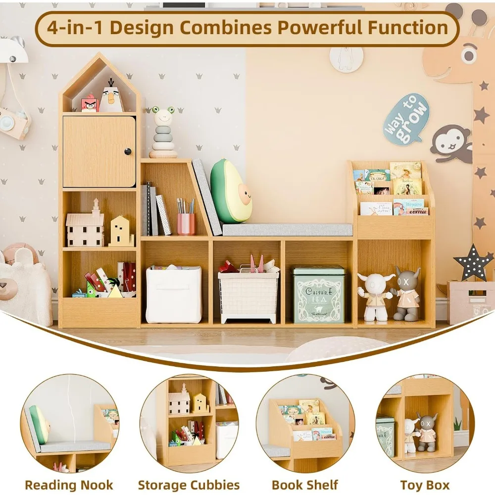 Kids Reading Nook with Bench - Bookshelf & Bookcase with Seat Cushion, 7 Opening Storage Cubbies,  Toy Storage Box and Chest