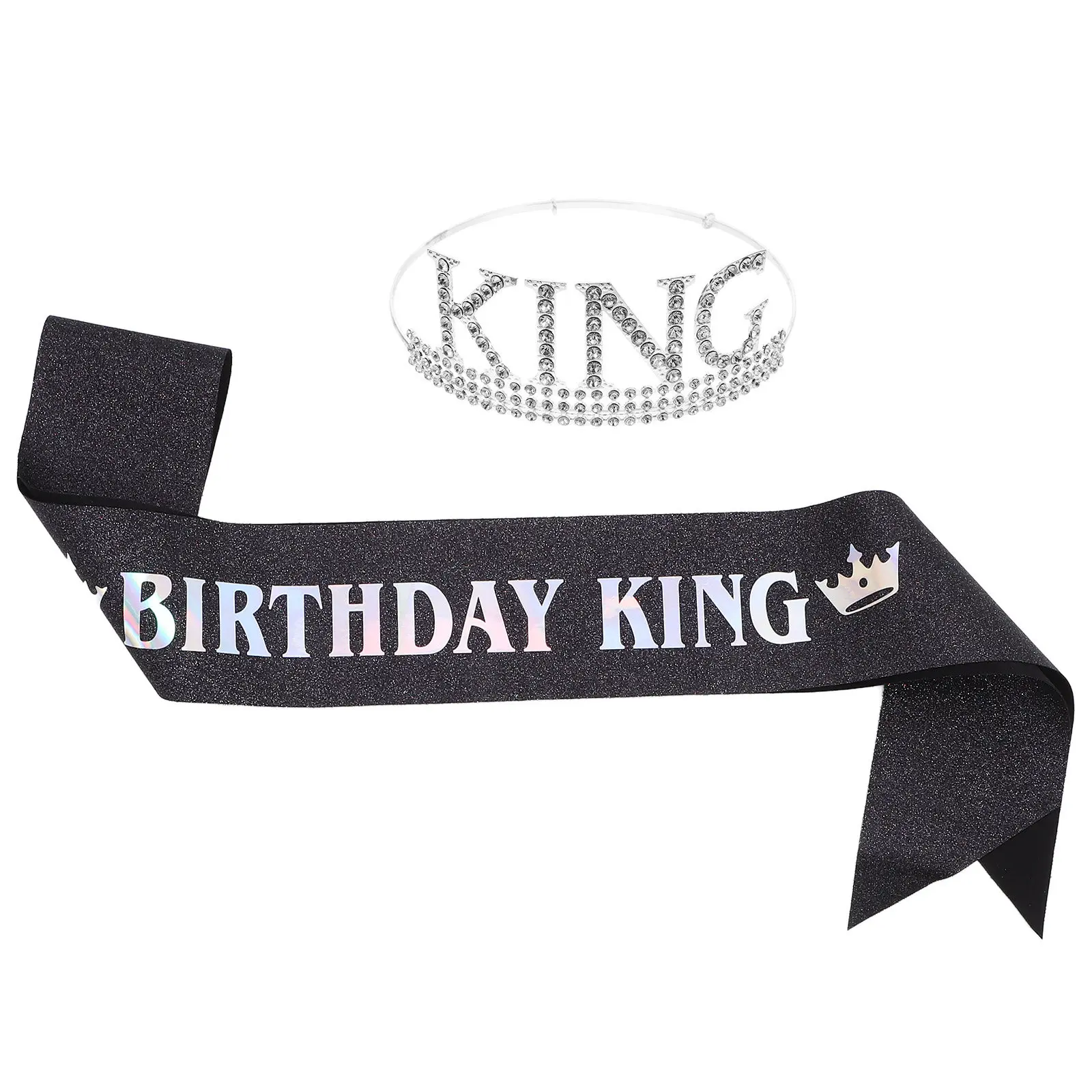 

1Set Birthday King Crown and Sash Elegant Hard Texture Party Headpiece Birthday Accessories for Men Celebration