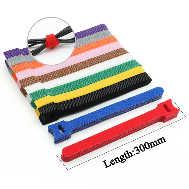 50/100pcs T-Type 12x300mm Hook & Loop Nylon Cable Ties Tape Reusable Fastener Adjustable Wire Management Cable Organizer