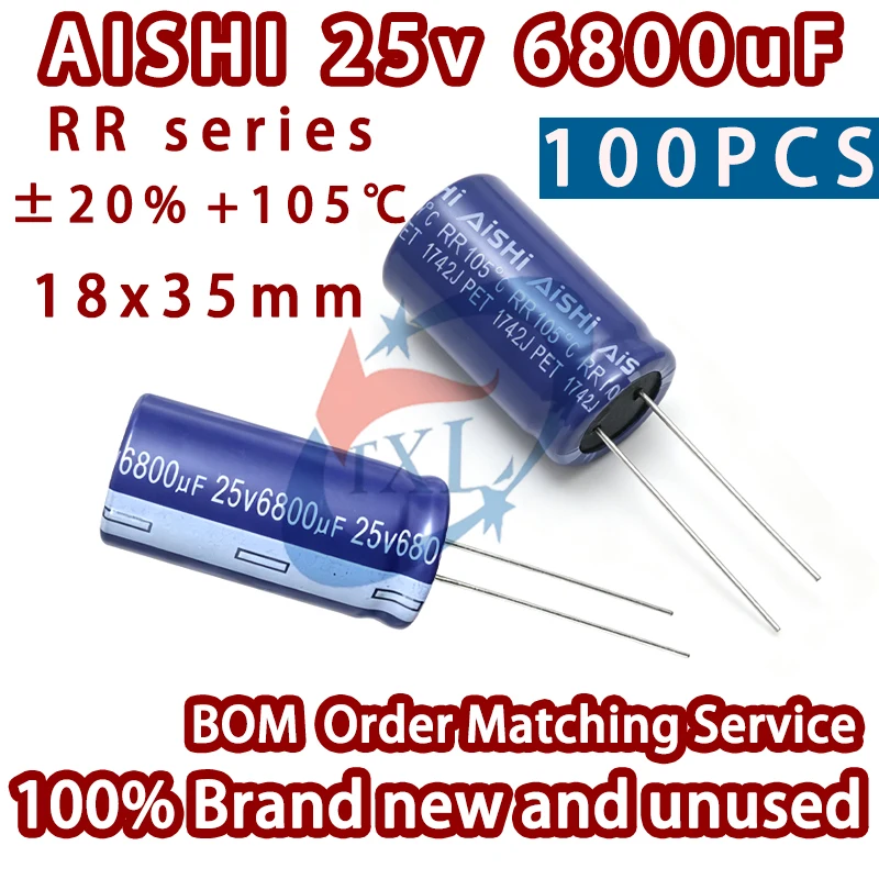 100PCS 100% Brand New AISHI RR 25v6800uF 25VDC 6800uF 18x35mm 105℃ ±20% Leaded In-Line Aluminum Electrolytic Capacitor
