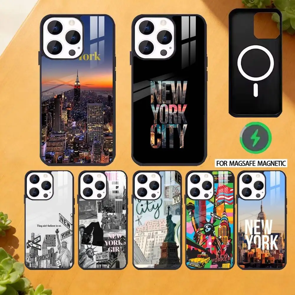 

New York City Image ART Phone Case For iPhone 17 16 15 14 13 12 Pro Max Plus for Magsafe Mirror Wireless Magnetic Cover