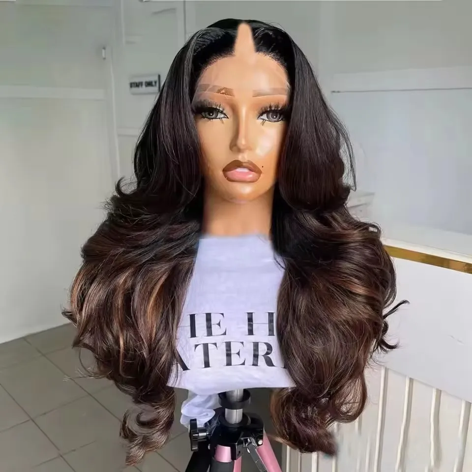 

Ombre Light Chestnut Dark Brown Women's Body Wave U Part Wig HumanHair Adjustable GluelessHighlight Blonde V Part Wig Easy Wear