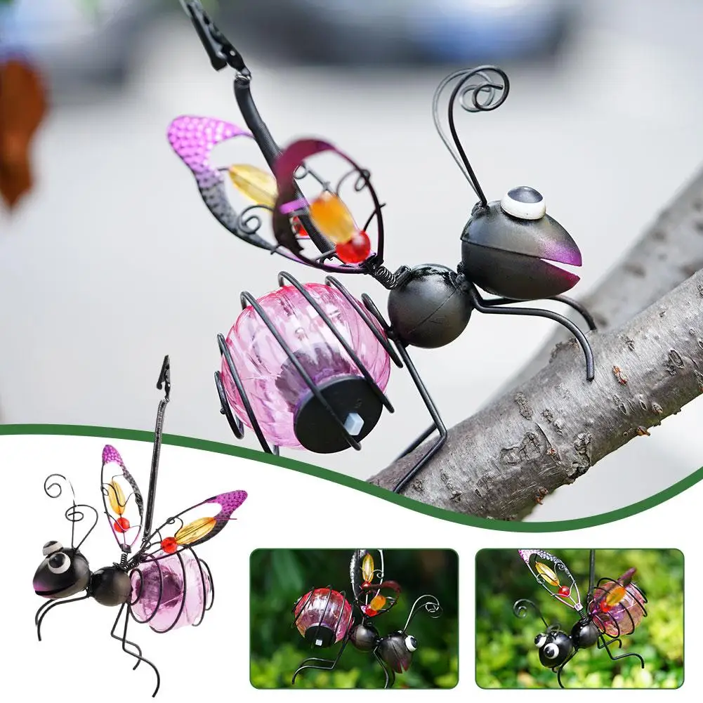 Solar Iron Insect Statue With LED Fairy Light Outdoor Waterproof Hanging Tree Ornament For Fence Yard Courtyard Garden Art Decor