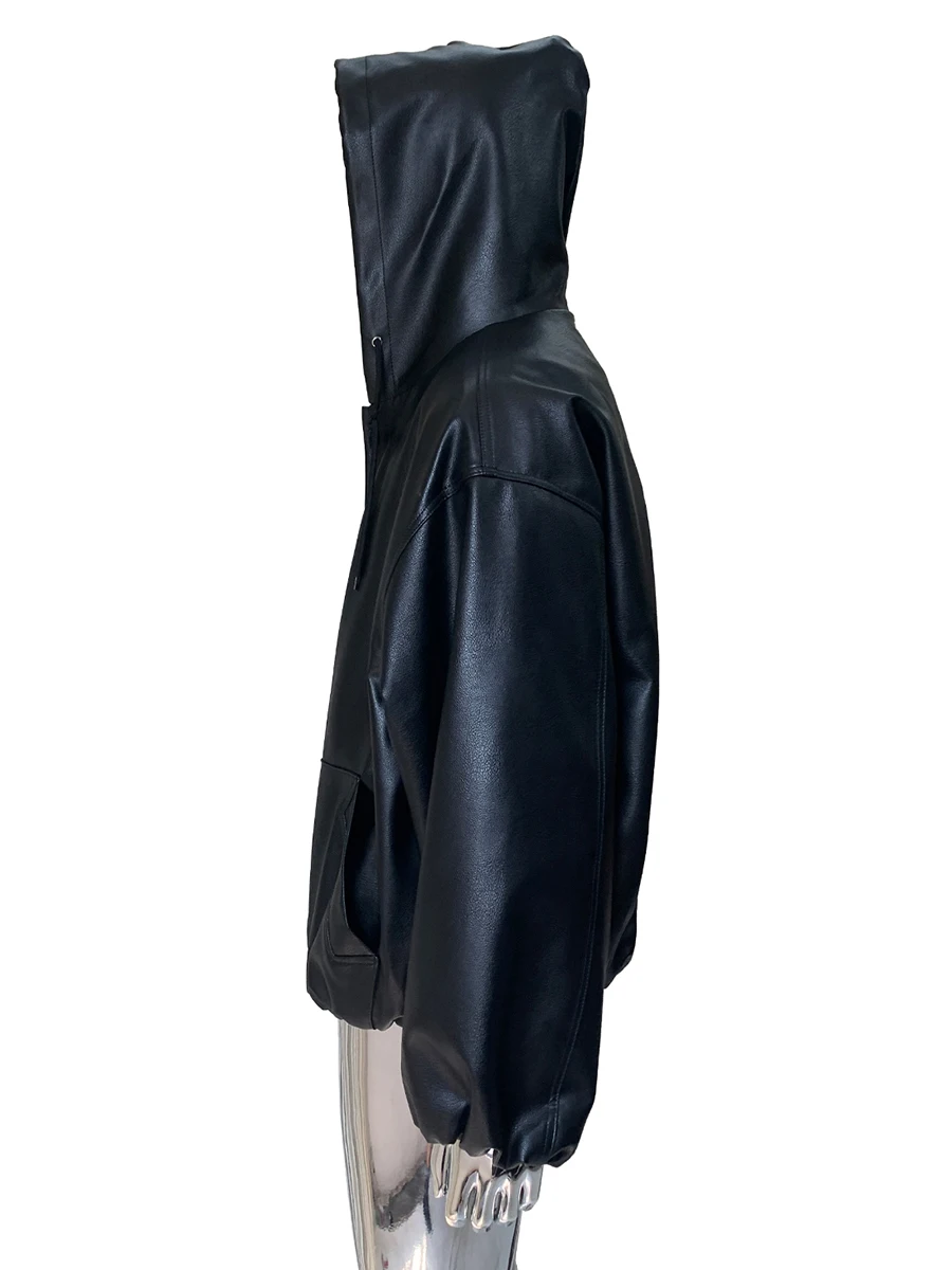 

Spring Autumn Short Oversized Black Faux Leather Jacket Men with Drawstring Hood Long Sleeve Loose Luxury Designer Clothes 2025