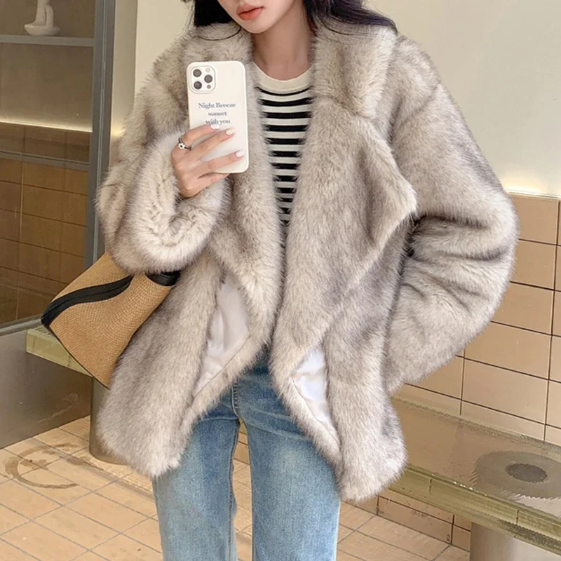 Luxury Brand Fashion Gradient Animal Color Faux Fur Coat Jacket Women 2023 Winter Loose Oversized Long Fluffy Overcoat Outerwear