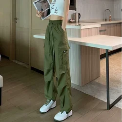 Female Trousers Elastic Waist Straight Leg Loose Army Green Baggy Women's Cargo Pants Clothing Aesthetic Slacks Casual Xxl Nylon