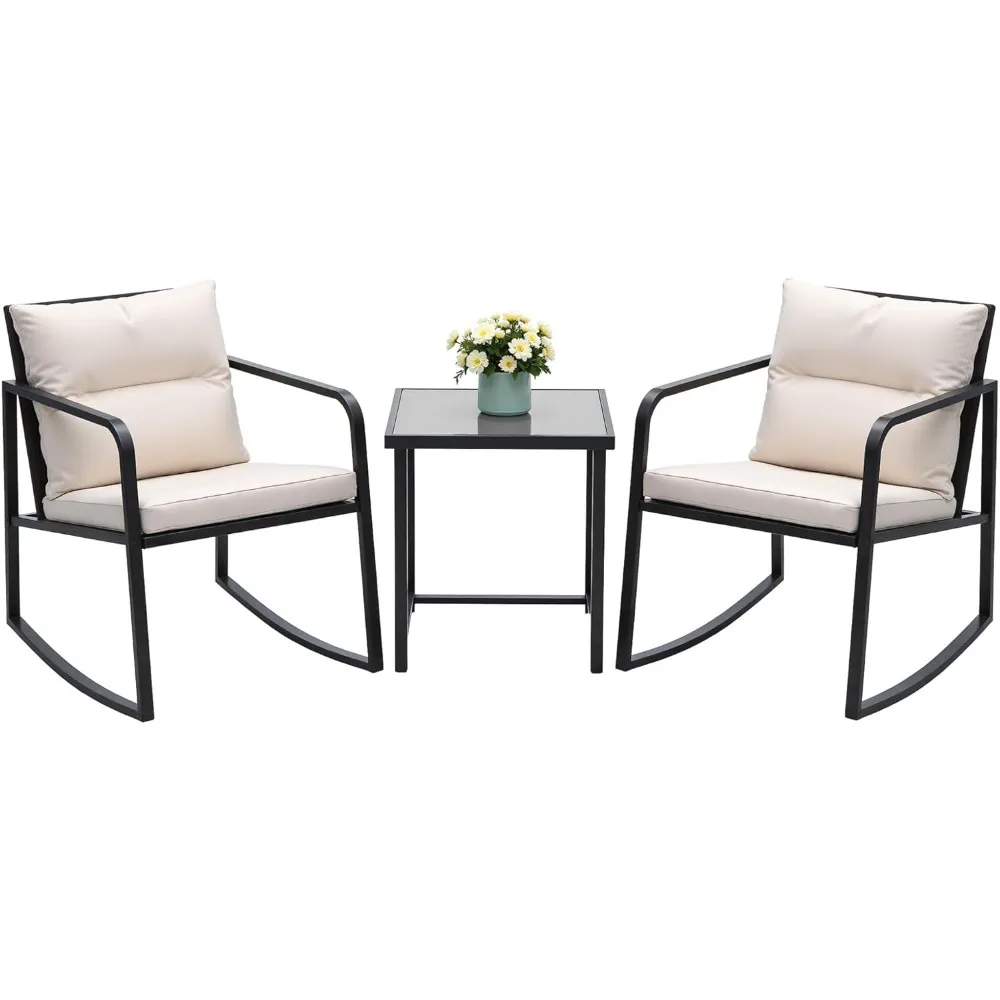 

3 Piece Rocking Bistro Set Wicker Patio Outdoor Furniture Porch Chairs Conversation Sets with Glass Coffee Table (Beige)