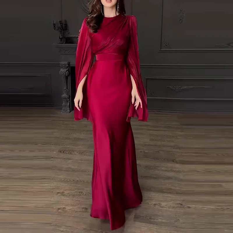 Vintage High Waisted Women Satin Long Dress New Ladies Temperament Crew Collar Dresses Elegant Slim Long Sleeve Banquet Dresses