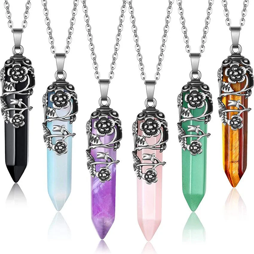 1pc Natural Stone Hexagonal Column Vintage Alloy Rose Pendant Pink Crystal Necklace Pendant