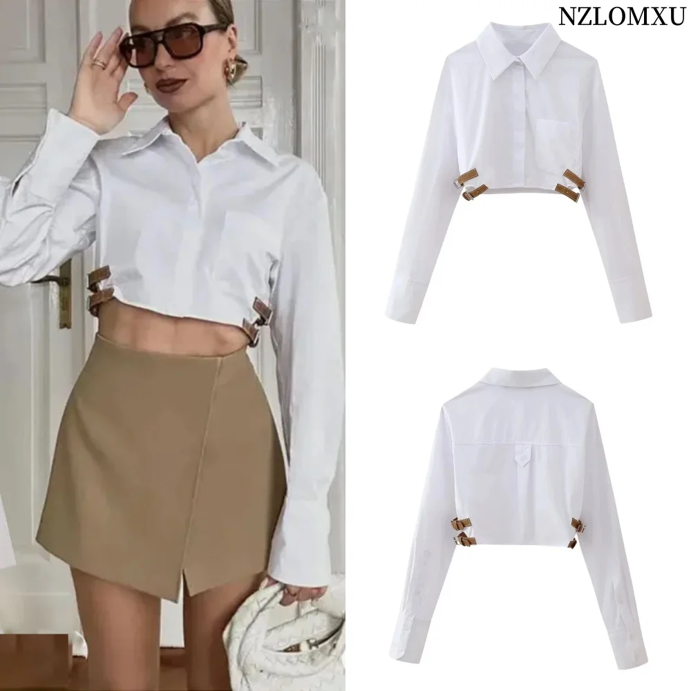 Belt Crop Shirt Women Button Up White Shirt Woman Fashion Collared Cropped Shirts Blouses Streetwear Spring Long Sleeve Top