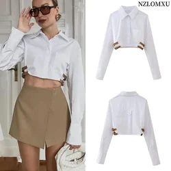 Belt Crop Shirt Women Button Up White Shirt Woman Fashion Collared Cropped Shirts Blouses Streetwear Spring Long Sleeve Top