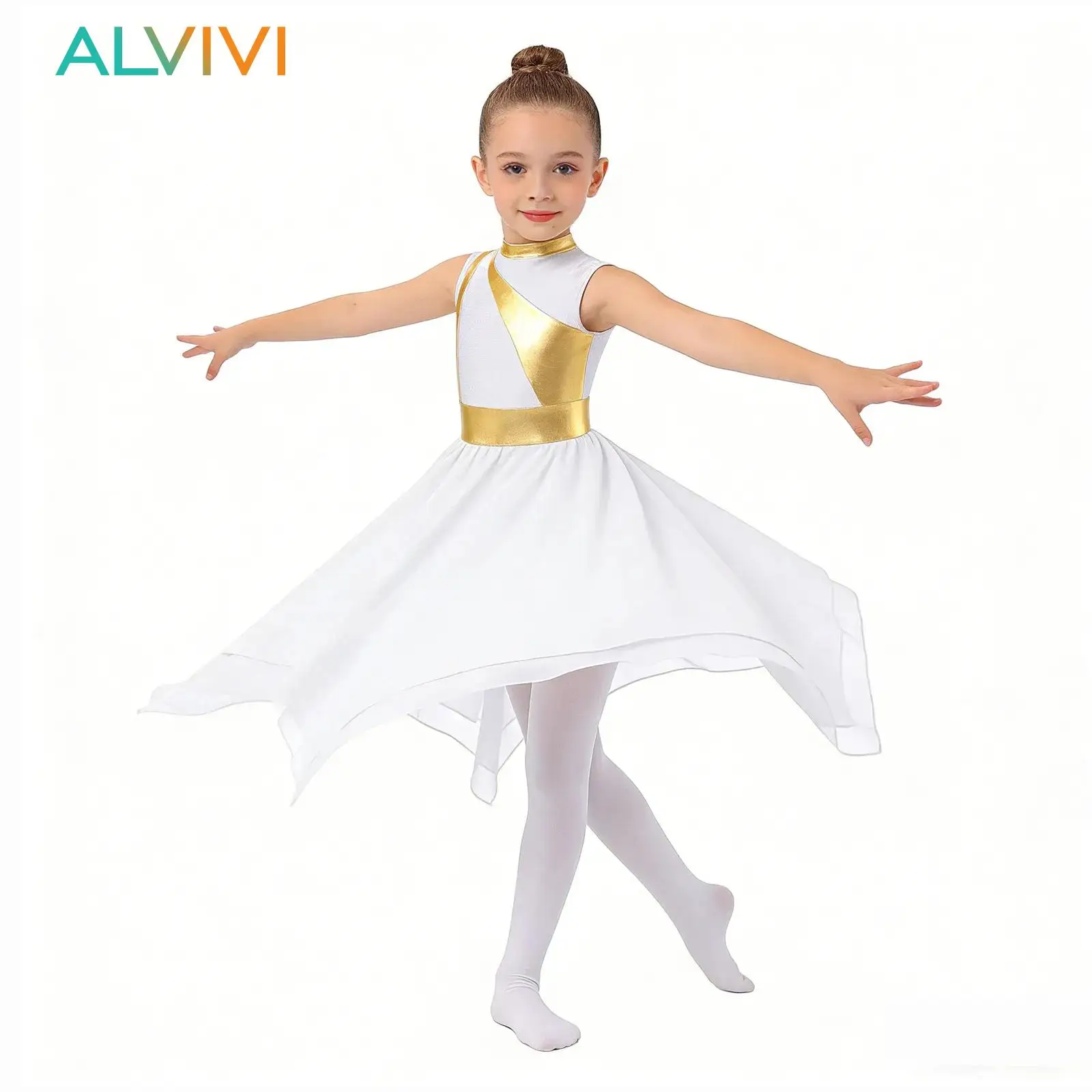 

Kids Girls Praise Liturgical Lyrical Contemporary Dance Tunic Overlay Dress Church Christian Worship Choir Performance Costume