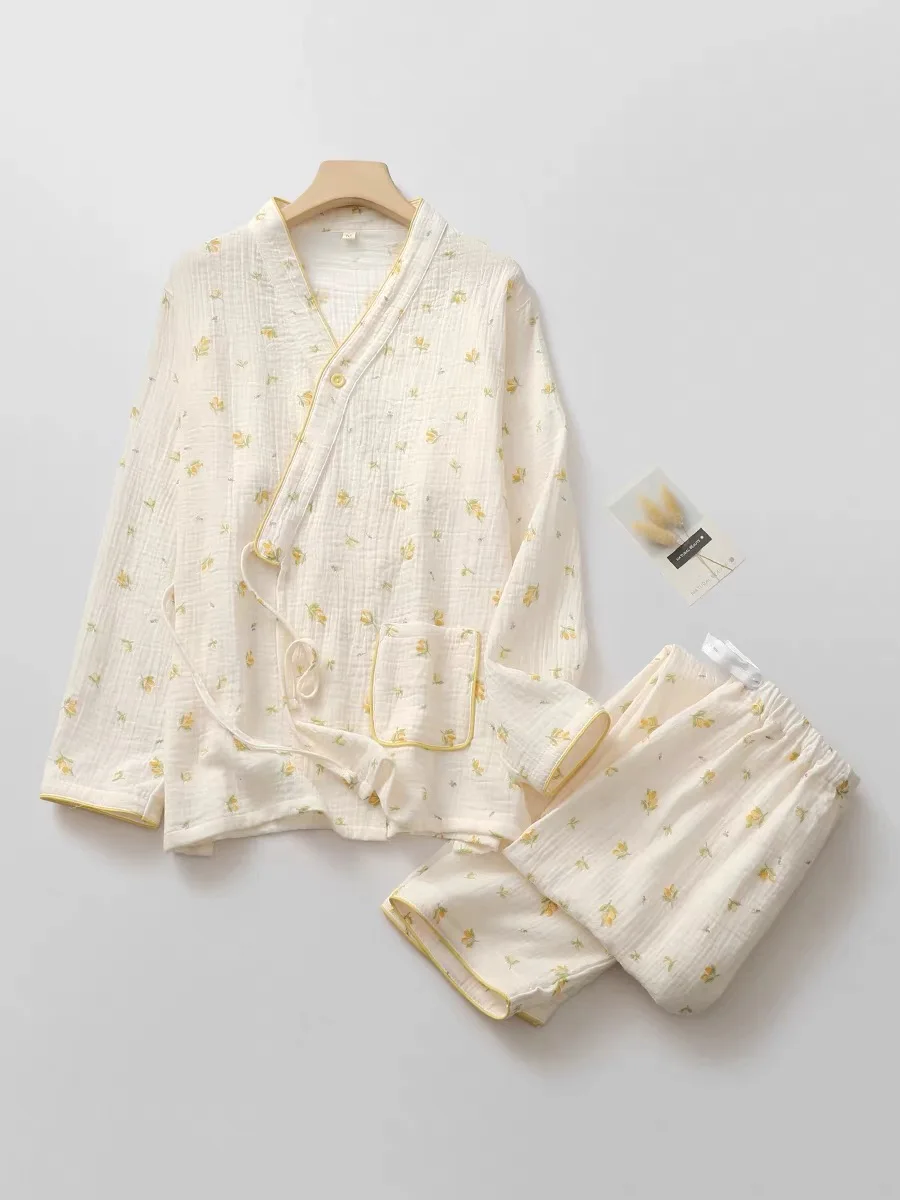 

Japanese Traditional Kimono Print Yukata Summer Women Hanfu Cardigan Pants Set Comfortable Pure Cotton Yarn Loungewear Clothing