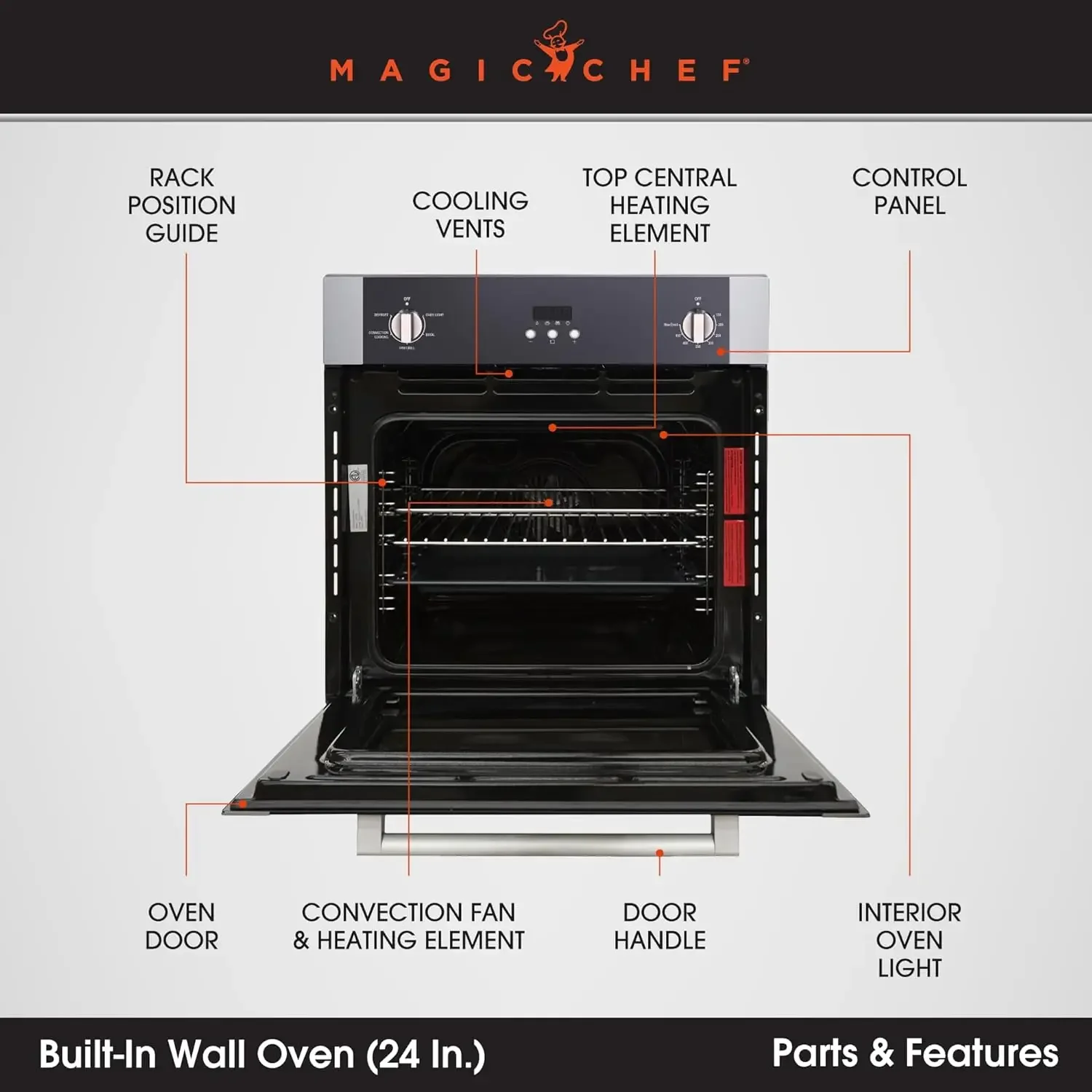 Chef Single Electric Wall Oven w/ Convection Feature, Wall-Mounted Convection Oven for Cooking & Baking, 24", 2.2 Cubic Feet, St