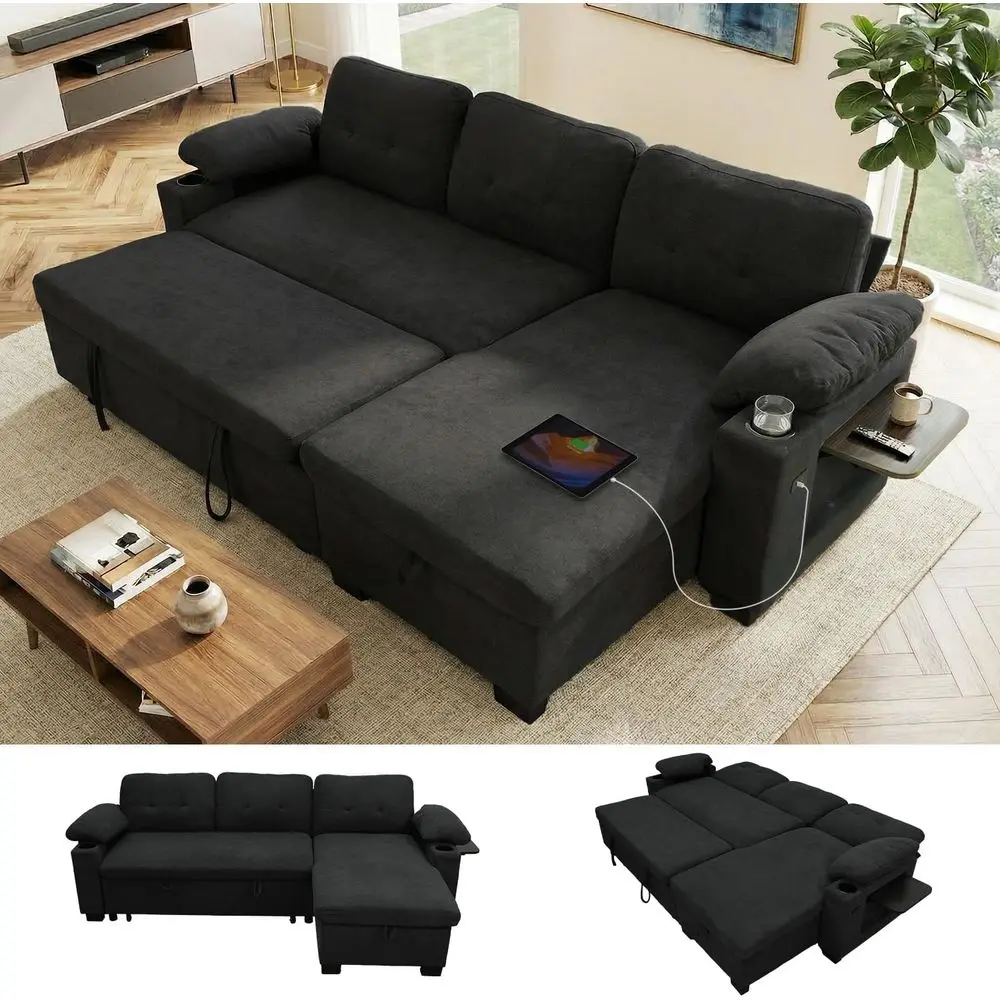 

93 L-Shaped Sleeper Sofa with Pull-Out Sectional, Storage Chaise, Reclining Backrest, USB Port, Portable Table, Cup Holder, Blac