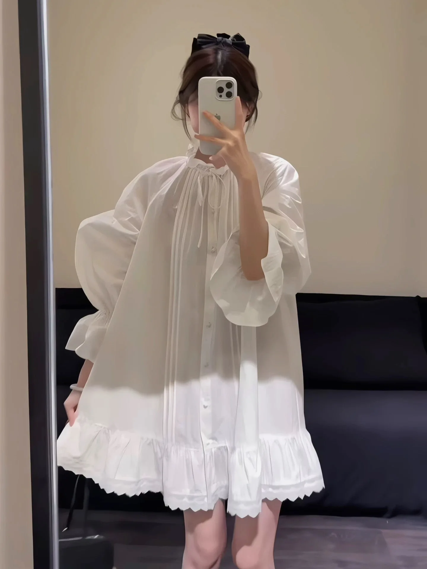 French Elegant Lace Patchwork Dress Women Retro Lantern Sleeve Ruffle Hem Loose Mini Dress Sweet Cute Babydoll Outfit Autumn New