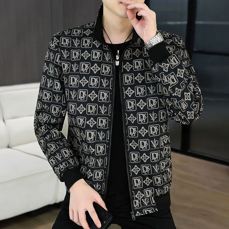 

Men's Spring and Autumn Casual Jacket Slim Fit Jacket Printed Stand Up Collar Top Men's New Style